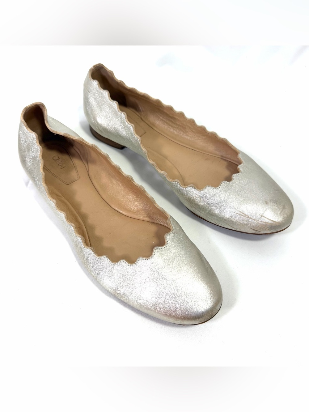 Chloe Light Gold Scalloped Ballet Flats 7.5 / 37.5 Womens Shoes Slip On